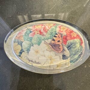 Magdalen Boehm Oval Glass paper weight with Floral and Butterfly Design